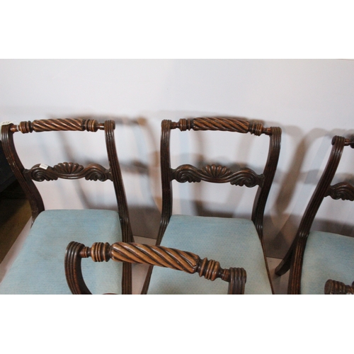 673 - Set of six Victorian mahogany framed dining chairs, having twisted fluted top rail upon shell shaped... 