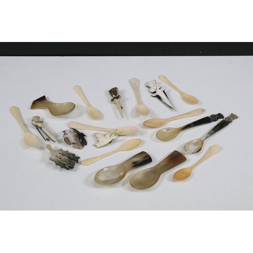215 - Collection of horn and bone spoons, to include a horn caddy spoon and a horn spoon with thistle term... 