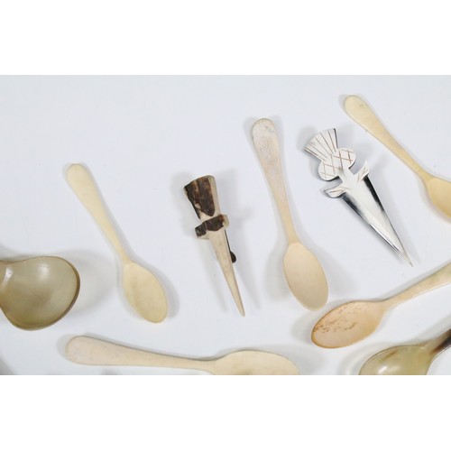 215 - Collection of horn and bone spoons, to include a horn caddy spoon and a horn spoon with thistle term... 