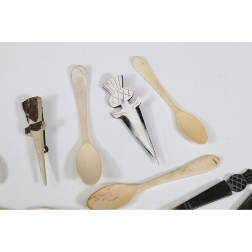 215 - Collection of horn and bone spoons, to include a horn caddy spoon and a horn spoon with thistle term... 