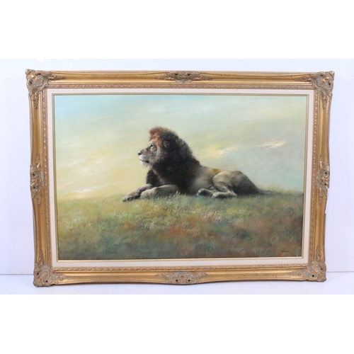 533 - Joel Kirk (b. 1948) recumbent lion in grassy landscape, oil on canvas, signed to lower left, 60cm x ... 