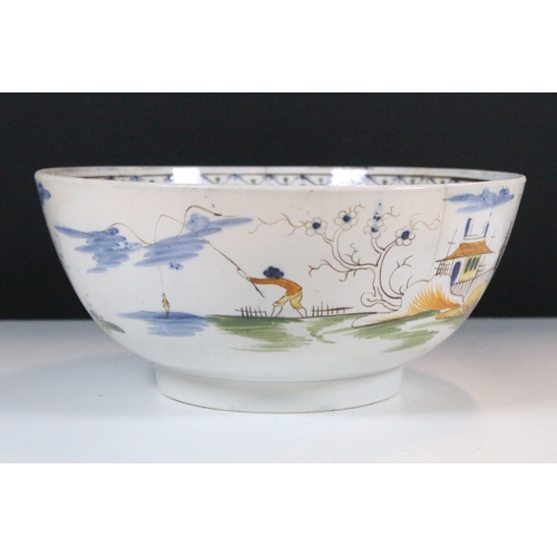 14 - 19th century English pearlware porcelain punch bowl, in the Chinese style, D 27cm x H 12cm, cracked ... 