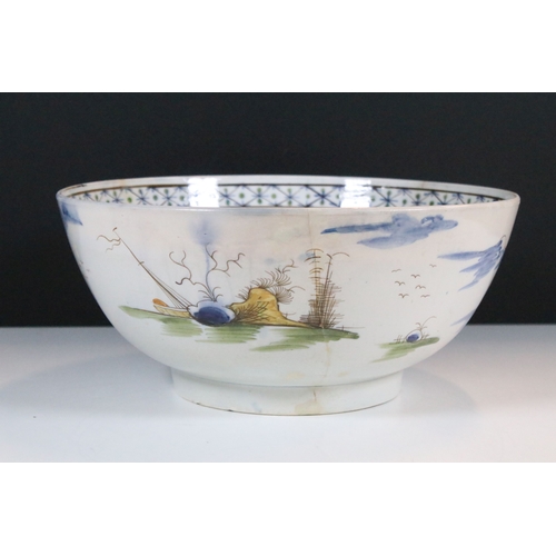 14 - 19th century English pearlware porcelain punch bowl, in the Chinese style, D 27cm x H 12cm, cracked ... 