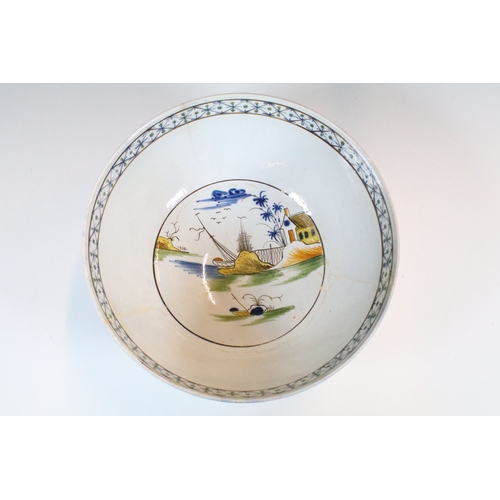 14 - 19th century English pearlware porcelain punch bowl, in the Chinese style, D 27cm x H 12cm, cracked ... 