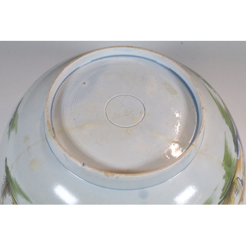 14 - 19th century English pearlware porcelain punch bowl, in the Chinese style, D 27cm x H 12cm, cracked ... 