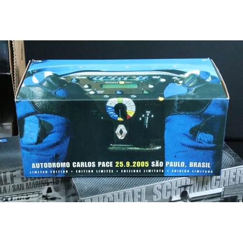 215 - Seven boxed 1/18 scale diecast models to include Mattel Hot Wheels Racing Michael Schumacher 2001 Wo... 