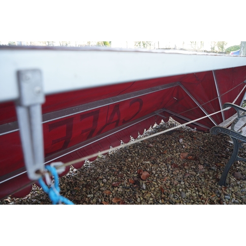 537 - Folding shop front canopy in burgundy with 'Cafe' inscription to front, L 250, D 100cm