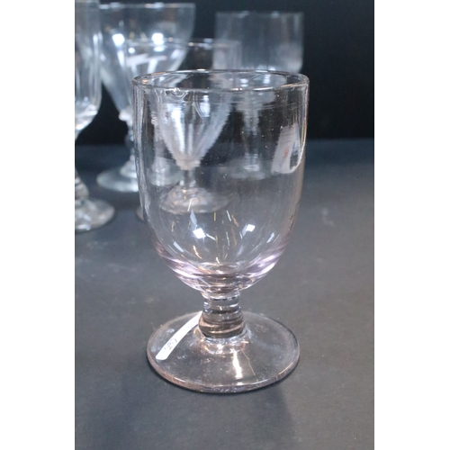 32 - Collection of Georgian and later glassware, to comprise a three-knopped stem glass, several rummers,... 