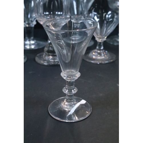 32 - Collection of Georgian and later glassware, to comprise a three-knopped stem glass, several rummers,... 