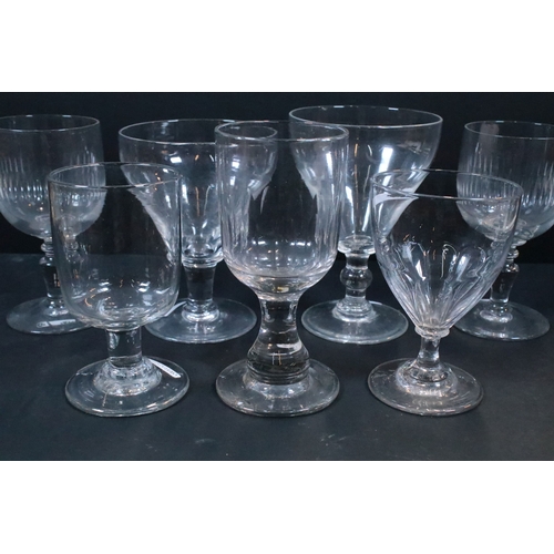 32 - Collection of Georgian and later glassware, to comprise a three-knopped stem glass, several rummers,... 
