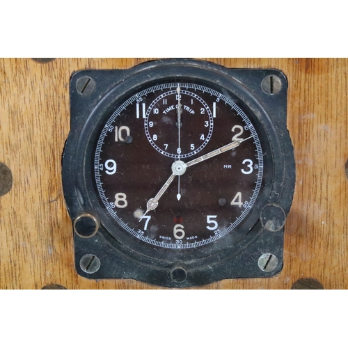 150 - Carly & Clemence Ltd, 1979 RAF aircraft cockpit clock mounted within a wooden presentation base with... 