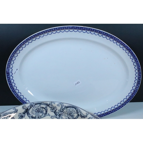 58 - Group of large blue and white pattern serving and meat platters to include willow pattern, Losol war... 