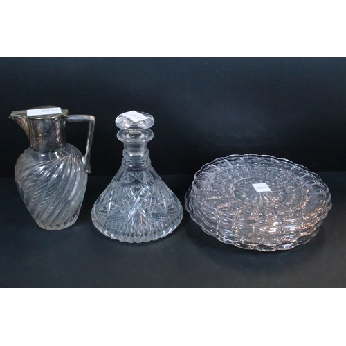 72 - Set of twelve glass plates together with a group of glass ware to include glass ewers, one with silv... 