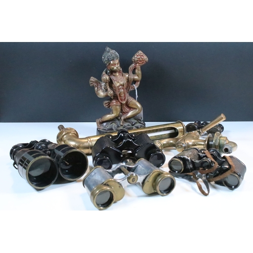 353 - Group of five sets of vintage binoculars together with brass pipe thermometer and another fixture fr... 