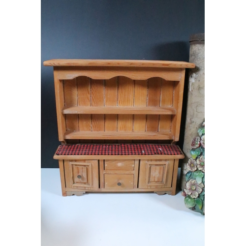 355 - 1930's Barbola mirror together with a range of doll's clothes, doll's house dresser, a set of vintag... 