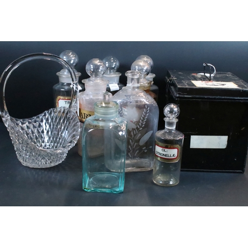 358 - Group of vintage apothecary jars and display bottles together with a decorative glass basket and a m... 