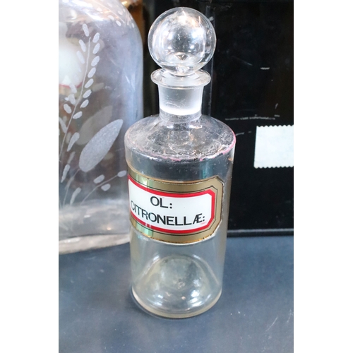 358 - Group of vintage apothecary jars and display bottles together with a decorative glass basket and a m... 