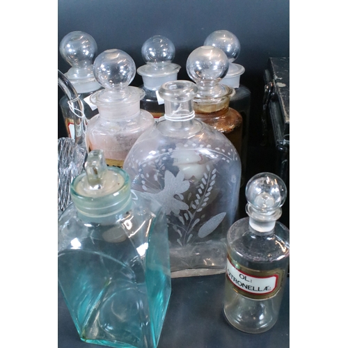 358 - Group of vintage apothecary jars and display bottles together with a decorative glass basket and a m... 