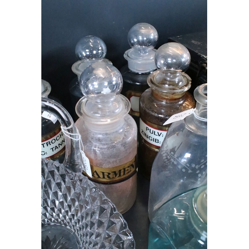 358 - Group of vintage apothecary jars and display bottles together with a decorative glass basket and a m... 