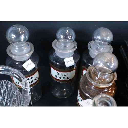 358 - Group of vintage apothecary jars and display bottles together with a decorative glass basket and a m... 
