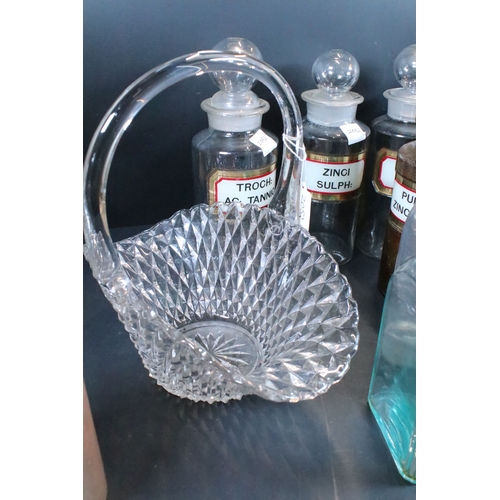 358 - Group of vintage apothecary jars and display bottles together with a decorative glass basket and a m... 