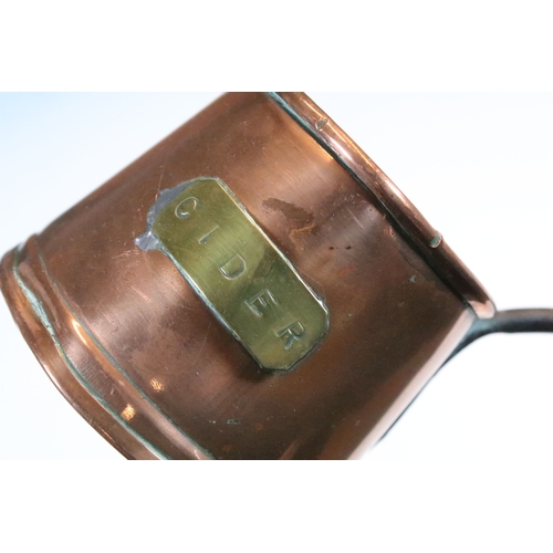 362 - Group of antique copper items to include pan lid, cider ladle and a horn (1 box)