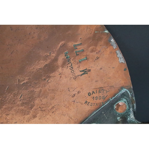 362 - Group of antique copper items to include pan lid, cider ladle and a horn (1 box)