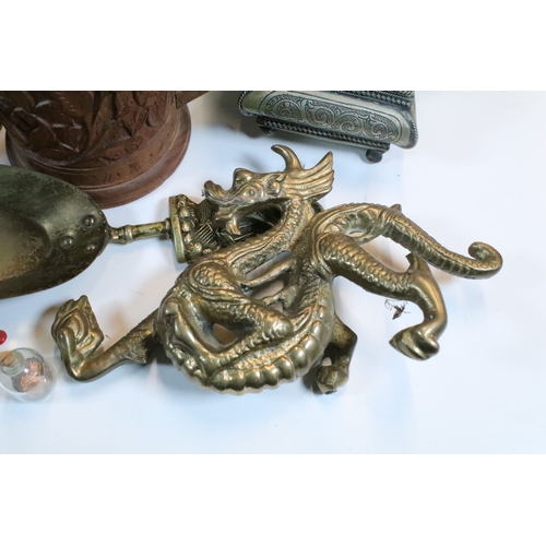 368 - Collection of mixed metalwares, to comprise a pair of William Tonks & Sons brass candlesticks, a thr... 