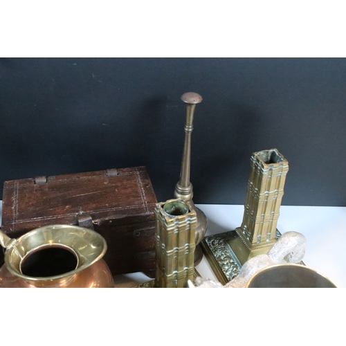 368 - Collection of mixed metalwares, to comprise a pair of William Tonks & Sons brass candlesticks, a thr... 
