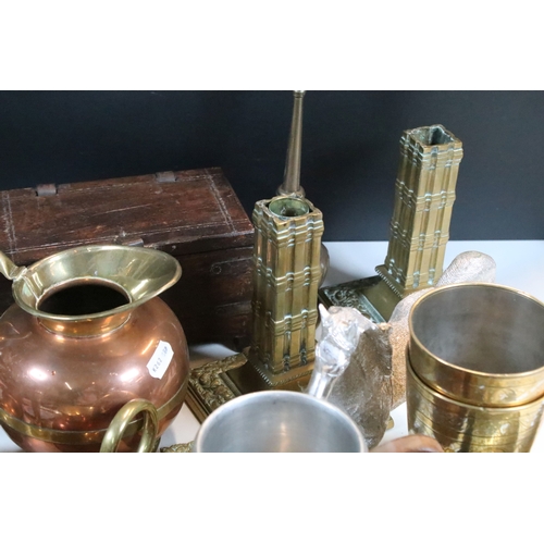368 - Collection of mixed metalwares, to comprise a pair of William Tonks & Sons brass candlesticks, a thr... 