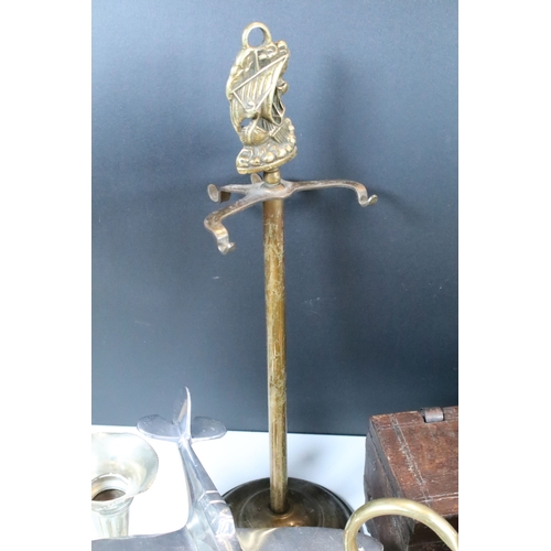 368 - Collection of mixed metalwares, to comprise a pair of William Tonks & Sons brass candlesticks, a thr... 