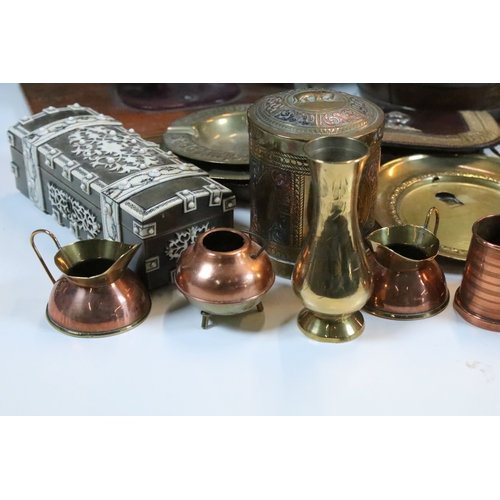 370 - Group of metalware to include small decorative plates, Schweppes and Perrier ashtrays, small coopere... 