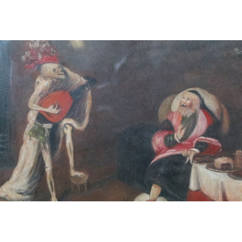 450 - Allegoric scene with elderly man seated being serenaded by a skeletal figure, oil, 15.5 x 20cm, gilt... 