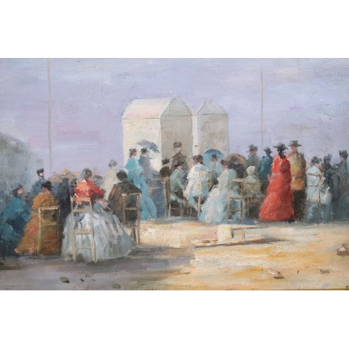 456 - Impressionist school, a busy beach view with figures and beach huts, 28.5 x 39.5cm, pierced gilt fra... 