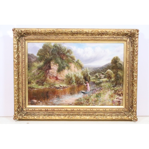 500 - R J Hammond, landscape scene with lady punting, Blackstone Rock Beverley on the River Thames Worcest... 