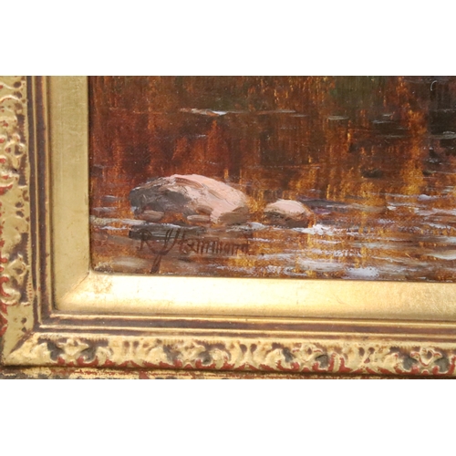 500 - R J Hammond, landscape scene with lady punting, Blackstone Rock Beverley on the River Thames Worcest... 