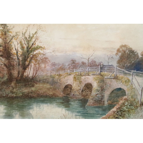501 - R W Fielder, bridge scene with figure, watercolour, signed lower right and dated 1901, 27 x 36.5cm, ... 