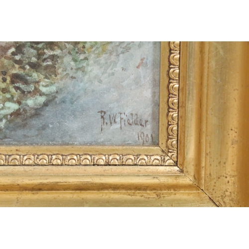 501 - R W Fielder, bridge scene with figure, watercolour, signed lower right and dated 1901, 27 x 36.5cm, ... 