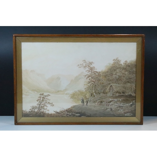 505 - 19th century Continental school, figures with horse on a lakeside track and others beside a woodland... 