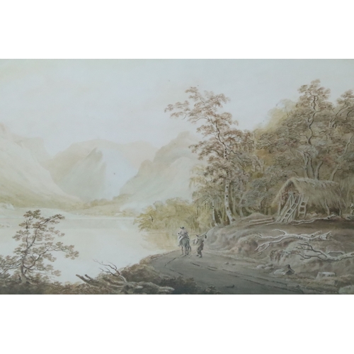 505 - 19th century Continental school, figures with horse on a lakeside track and others beside a woodland... 