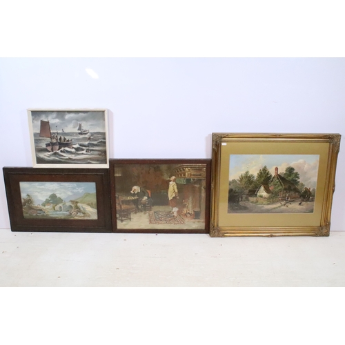 506 - 19th century English school, rural scene with cottages, figures and a horse and cart, oil, signed W ... 