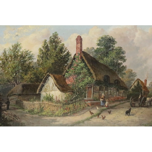 506 - 19th century English school, rural scene with cottages, figures and a horse and cart, oil, signed W ... 