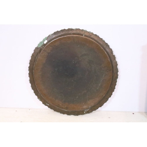 566 - Early 20th century brass topped Benares table, having tray top with incised and colour filled decora... 