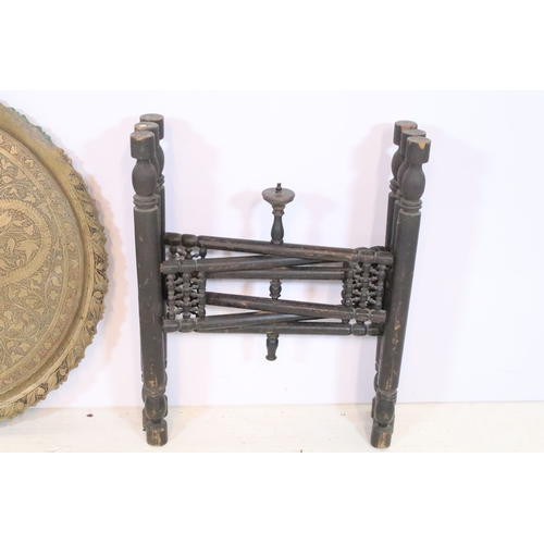 566 - Early 20th century brass topped Benares table, having tray top with incised and colour filled decora... 