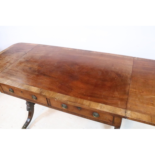 581 - 19th century mahogany sofa table, having cross-banded top with two frieze drawers and two dummy to t... 