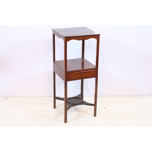 584 - 19th century mahogany side table, having square top on open shelf and shaped X-stretcher, raised on ... 