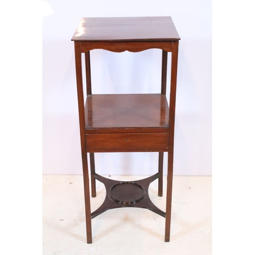 584 - 19th century mahogany side table, having square top on open shelf and shaped X-stretcher, raised on ... 
