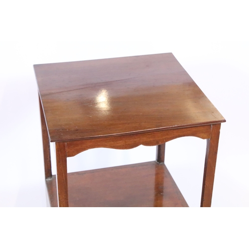 584 - 19th century mahogany side table, having square top on open shelf and shaped X-stretcher, raised on ... 