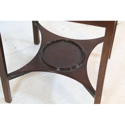 584 - 19th century mahogany side table, having square top on open shelf and shaped X-stretcher, raised on ... 