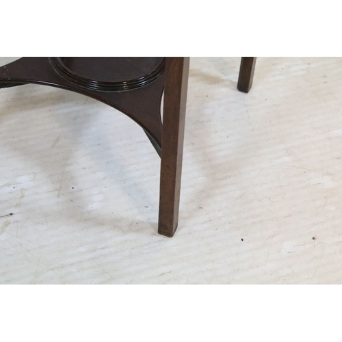 584 - 19th century mahogany side table, having square top on open shelf and shaped X-stretcher, raised on ... 